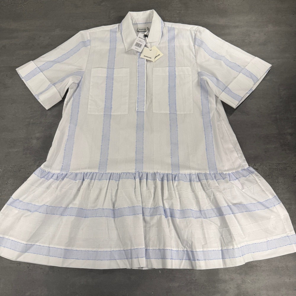SIMKHAI Cris Shirt Dress Womens L Blue White Stripe Ruffle Hem Mini NEW $375